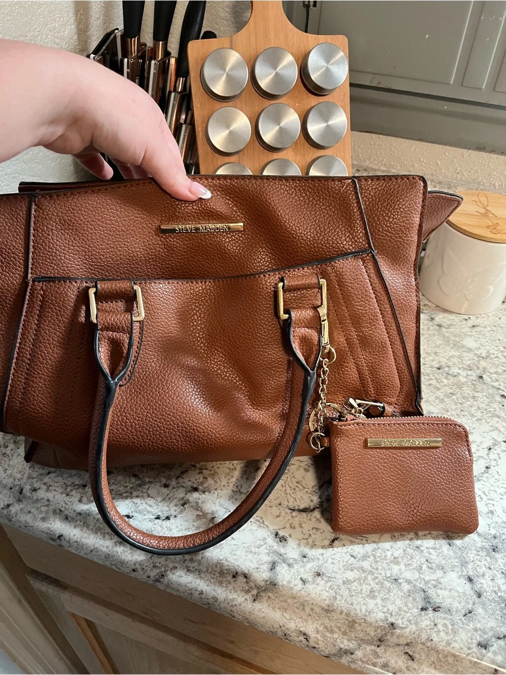Steve Madden Cognac Pebbled Leather Tote with Key Pouch